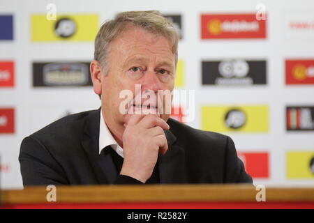 Cardiff, Großbritannien. 16. November 2018, die UEFA-Nationen Liga Match Wales v Dänemark in Cardiff City Stadium, post-match Interview. Fridtjof Åge Hareide ist eine norwegische fussball manager seit 2015 Geschäftsführer der dänischen Fußball-Nationalmannschaft. Stockfoto