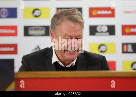 Cardiff, Großbritannien. 16. November 2018, die UEFA-Nationen Liga Match Wales v Dänemark in Cardiff City Stadium, post-match Interview. Fridtjof Åge Hareide ist eine norwegische fussball manager seit 2015 Geschäftsführer der dänischen Fußball-Nationalmannschaft. Stockfoto