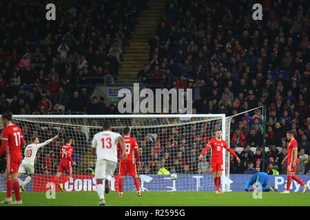 16. November 2018, die UEFA-Nationen Liga Match Wales v Dänemark an der Cardiff City Stadium. Die zweite dänische Ziel. Nur Nachrichten verwenden. Quelle: www.garethjohn. uk/Alamy leben Nachrichten Stockfoto