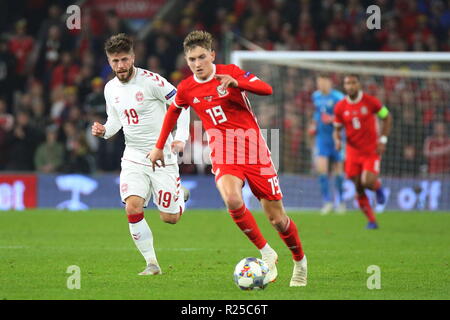 16. November 2018, die UEFA-Nationen Liga Match Wales v Dänemark an der Cardiff City Stadium. In Aktion, David Brooks ein fussballprofi für Bournemouth und dem Wales National Team. News verwenden Sie nur. Quelle: www.garethjohn. uk/Alamy leben Nachrichten Stockfoto