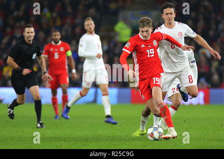 16. November 2018, die UEFA-Nationen Liga Match Wales v Dänemark an der Cardiff City Stadium. In Aktion, David Brooks ein fussballprofi für Bournemouth und dem Wales National Team. News verwenden Sie nur. Quelle: www.garethjohn. uk/Alamy leben Nachrichten Stockfoto