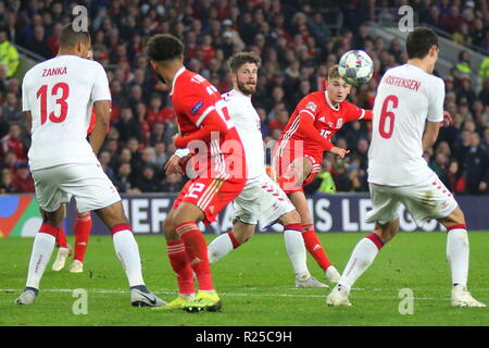 16. November 2018, die UEFA-Nationen Liga Match Wales v Dänemark an der Cardiff City Stadium. In Aktion, David Brooks ein fussballprofi für Bournemouth und dem Wales National Team. News verwenden Sie nur. Quelle: www.garethjohn. uk/Alamy leben Nachrichten Stockfoto