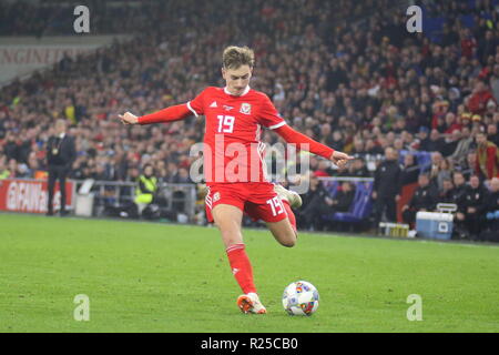 16. November 2018, die UEFA-Nationen Liga Match Wales v Dänemark an der Cardiff City Stadium. In Aktion, David Brooks ein fussballprofi für Bournemouth und dem Wales National Team. News verwenden Sie nur. Quelle: www.garethjohn. uk/Alamy leben Nachrichten Stockfoto