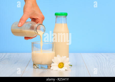 Woman's Hand gießt Milch in ein Glas. Flasche frische Milch mit Kamille Blüte auf blauem Hintergrund. Stockfoto