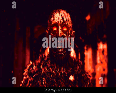 Bloody Zombie mit rot leuchtenden Augen. Abbildung im Genre der Horror. Scary monster Charakter. Hintergrund rot. Stockfoto