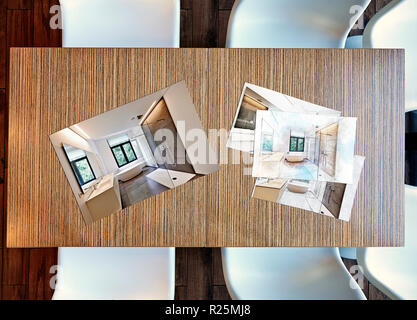 Ansicht von oben aus Holz Tisch und Badewanne in Corian, Hahn und Dusche im Badezimmer und Ergebnis Stockfoto