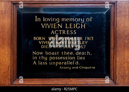 Eine Plakette mit der Schauspielerin Vivien Leigh in St Paul's Kirche, Covent Garden, London Stockfoto