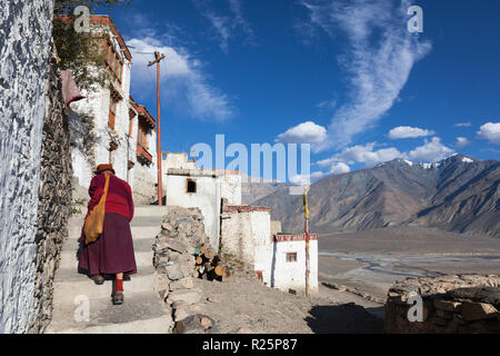 Buddhistischer Mönch zu Fuß die Treppen hinauf in das Kloster Karsha, Zanskar, Jammu und Kaschmir, Indien Stockfoto