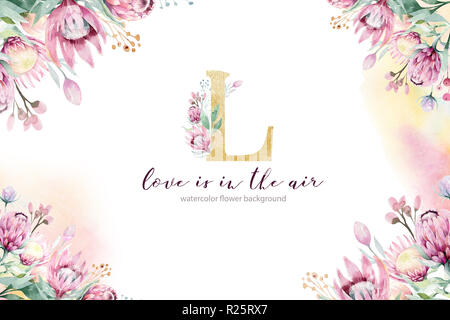 Watercolorgold Blumenschmuck Frühling Sommer Hintergrund mit Blossom Protea Blume. Hochzeit Dekoration Rahmen mit Blumenkunst. Stockfoto
