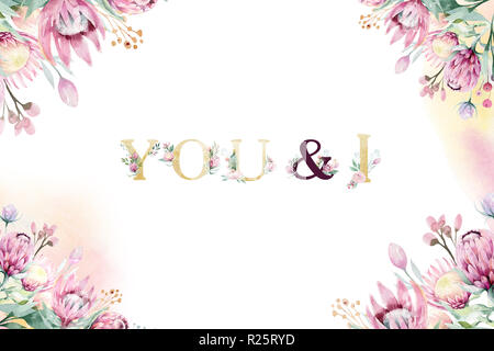 Watercolorgold Blumenschmuck Frühling Sommer Hintergrund mit Blossom Protea Blume. Hochzeit Dekoration Rahmen mit Blumenkunst. Stockfoto