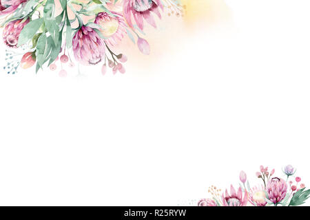 Watercolorgold Blumenschmuck Frühling Sommer Hintergrund mit Blossom Protea Blume. Hochzeit Dekoration Rahmen mit Blumenkunst. Stockfoto