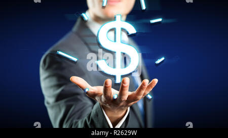 Geschäftsmann mit einem schwimmenden Dollar-Symbol über seine Hand Stockfoto