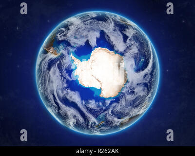 Antarktis vom Platz auf realistisches Modell des Planeten Erde mit Ländergrenzen und detaillierte Planeten und Wolken. 3D-Darstellung. Elemente der Thi Stockfoto
