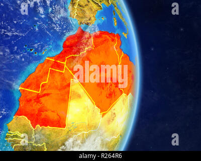 Maghreb auf dem Planeten Erde mit Ländergrenzen. Extrem detaillierte Planeten und Wolken. 3D-Darstellung. Elemente dieses Bild furn Stockfoto