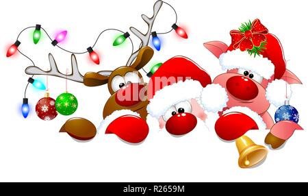 Santa Claus, Rotwild und Ferkel mit Weihnachtsschmuck auf einem weißen Hintergrund. Stock Vektor