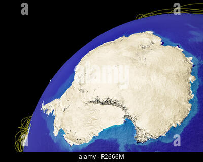 Antarktis vom Platz auf der Erde mit Linien, internationale Verbindungen, Kommunikation, Reisen. 3D-Darstellung. Elemente dieses Bild und Stockfoto