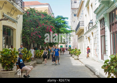 Havanna, Kuba - Januar 16, 2017: Touristen zu Fuß in einer täglichen Szene in der Altstadt von Havanna, an einem sonnigen Tag. Havanna, Kuba Stockfoto