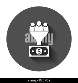 Lead Management Symbol im flachen Stil. Trichter mit Menschen, Geld Vector Illustration mit langen Schatten. Ziel client Business Konzept. Stock Vektor