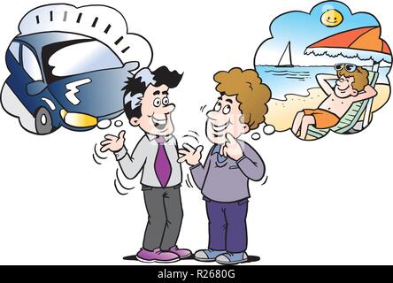 Cartoon Vector Illustration einer Familie Mann denken dort was neues Auto oder Urlaub zu wählen Stock Vektor