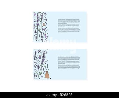 In doodle Style set Vorlagen für Karten Lavendel. Blumen Elemente auf Hintergründe mit leeren Raum für Text isoliert. Vector Illustration. Stock Vektor