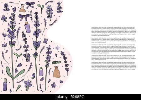 Vorlage der Fahne von Lavendel Blätter und Blüten in doodle Stil. Blumen Elemente Hintergrund mit leeren Raum für Text. Vector Illustration. Stock Vektor