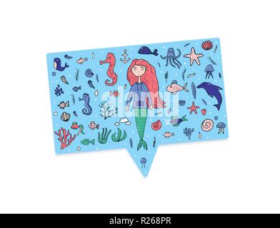 Meerjungfrau und Meer in Doodle style Set. Unterwasser Zeichen und Symbole mit Sprechblase. Vector Illustration. Stock Vektor