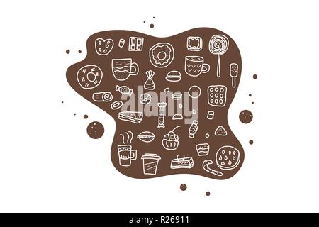 Vektor einrichten von Desserts. Süßigkeiten Kuchen, Donuts, Süßigkeiten und andere Snacks in doodle Stil auf weißem Hintergrund. Stock Vektor