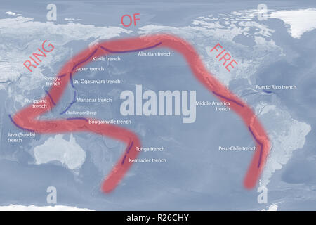 Pacific 'Ring Of Fire' Karte mit Gräben (nur Bild zur Veranschaulichung) Stockfoto