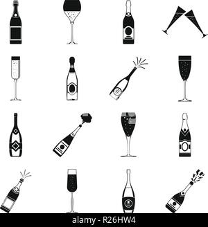 Flasche Champagner Glas Symbole gesetzt. Einfache Abbildung: 16 Flasche Champagner Glas Vector Icons für Web Stock Vektor