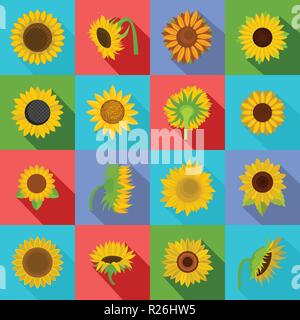 Sonnenblume Blüte Symbole gesetzt. Flache Abbildung: 16 Sonnenblumen blühen Vector Icons für Web Stock Vektor
