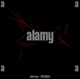 Rote Teilchen Fraktale auf schwarzem Hintergrund. Fantasy fraktale Struktur. Digitale Kunst 3D-Rendering. Computer Generated image Stockfoto