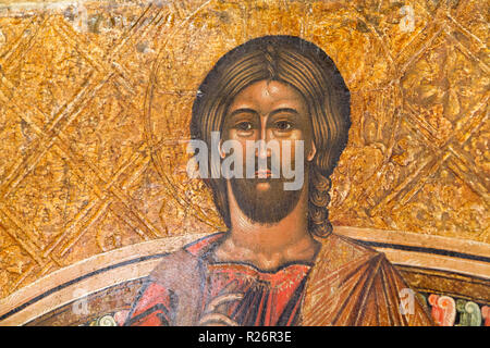 Bardejov, Slowakei. 9. August 2018. Ein Symbol des Christus Pantokrator, der Herrscher der Welt. Deesis (Deisis) ikonische Darstellung Christi. Stockfoto