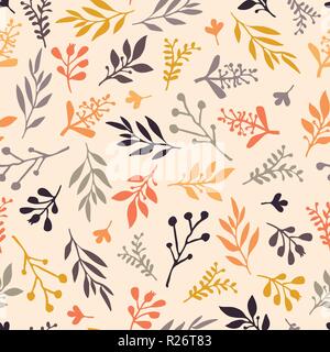 Fallen Leaf nahtlose Vektor Hintergrund. Orange, Gold, Violett, Grau Blätter auf einem beige Herbst Hintergrund. Abstrakte Muster. Einfache Doodle Blatt drucken. Thanksgiving, Saisonale, November, Fabric, Karten Stock Vektor