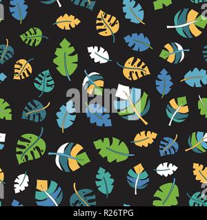Tropical leaf nahtlose Vektor Muster. Blau, Blaugrün, Gelb und Weiß Hand gezeichnet Dschungel Blätter auf schwarzen Hintergrund. Foilage Kulisse. Toll für Gewebe, Stock Vektor