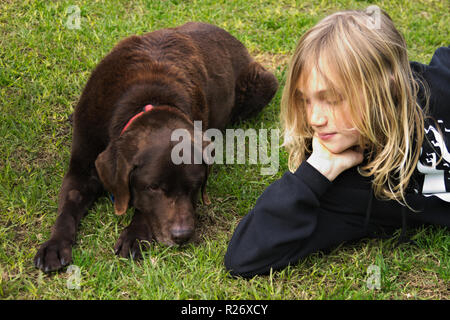 Ältere chocolate Labrador Retriever mit Kragen liegend im Gras neben blonde Kind. Stockfoto