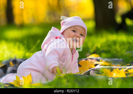 Glücklich lachend kleines Mädchen in einem rosa Outfit liegen auf einer Decke auf saftig grüne Gras in einem Park im Herbst mit bunten Blättern Stockfoto