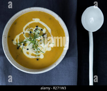 Karotten Suppe in weiße Schüssel mit keramischen Löffel Stockfoto