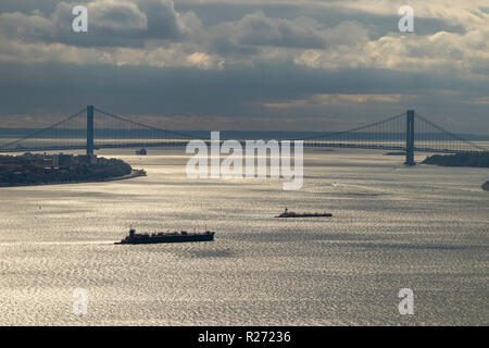 Helikopter Luftbild der Verrazzano-Narrows Bridge und den Hafen, New York, USA Stockfoto