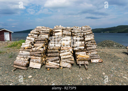 Ein Stapel von cut Protokolle neben Green Bay in Neufundland, Kanada. Stockfoto