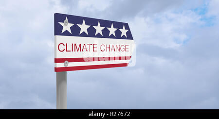 USA Politik Umweltschutz Konzept: Klimawandel Richtung Zeichen mit US-Flagge, 3D-Illustration gegen bewölkter Himmel Stockfoto