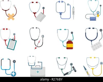 Phonendoscope Stethoskop Symbole gesetzt. Flache Darstellung von 12 phonendoscope Stethoskop Vector Icons für Web Stock Vektor