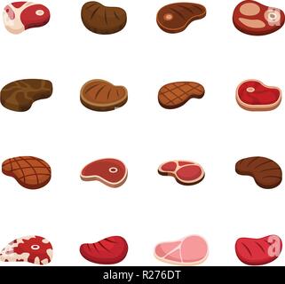 Steak zum Abendessen gegrilltes Rindfleisch Symbole gesetzt. Flache Darstellung von 16 Steak zum Abendessen gegrilltes Rindfleisch Vector Icons für Web Stock Vektor