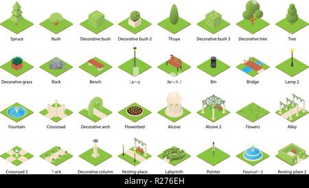 Park Natur Elemente Landschaft Design Icons einstellen. Isometrische Darstellung von 32 Park Natur Elemente Landschaft Vector Icons für Web Stock Vektor