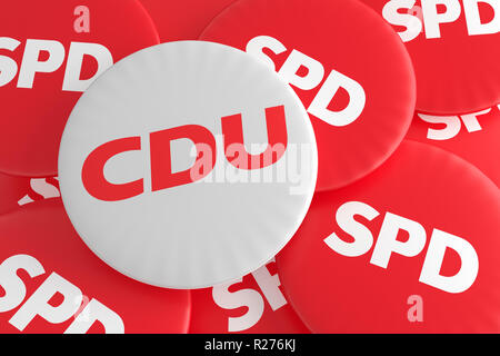 BERLIN, DEUTSCHLAND - 28. JANUAR 2017: Deutsche Bundestagswahl Politik Abzeichen Konzept: Stapel der SPD mit CDU-Taste, 3D-Darstellung Stockfoto