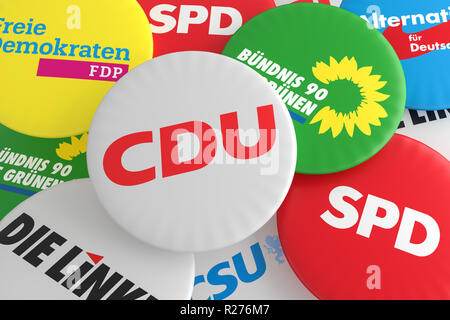 BERLIN, DEUTSCHLAND - 29. JANUAR 2017: Deutsche Bundestagswahl Politik Abzeichen: Stapel von Buttons mit dem Logo der politischen Parteien CDU, CSU, SPD, FDP, AfD, die Linken und die Grünen, 3D-Darstellung Stockfoto