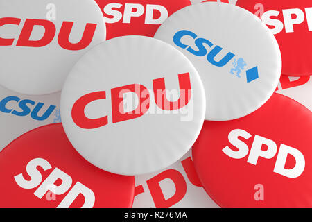 BERLIN, DEUTSCHLAND - 29. JANUAR 2017: Deutsche Politik Koalition Konzept: Stapel von Buttons mit dem Logo der politischen Parteien CDU, CSU, SPD, 3D-Darstellung Stockfoto