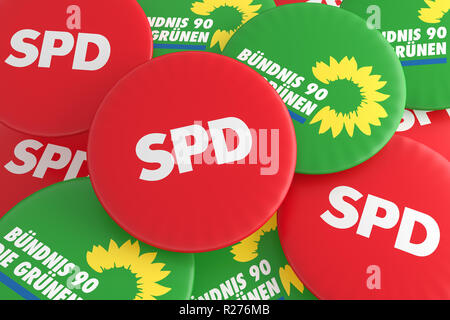 BERLIN, DEUTSCHLAND - 29. JANUAR 2017: Deutsche Politik Koalition Konzept: Stapel von Buttons mit dem Logo der politischen Parteien SPD und die Grünen, 3D-Darstellung Stockfoto