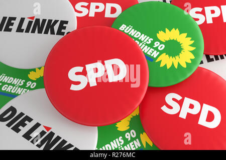 BERLIN, DEUTSCHLAND - 29. JANUAR 2017: Deutsche Politik Koalition Konzept: Stapel von Buttons mit dem Logo der politischen Parteien SPD, die Grünen, die Linke, 3D-Darstellung Stockfoto