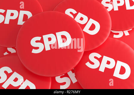 BERLIN, DEUTSCHLAND - 28. JANUAR 2017: Deutsche Bundestagswahl Politik Abzeichen Konzept: Stapel der Roten SPD-Buttons, 3D-Darstellung Stockfoto