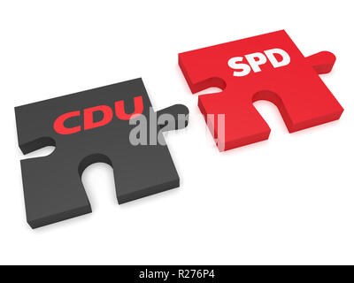 BERLIN, DEUTSCHLAND - 30. JANUAR 2017: Deutsche Politik Koalition Bildung Konzept: Puzzleteile CDU und SPD, 3 Abbildung d auf weißem Hintergrund Stockfoto